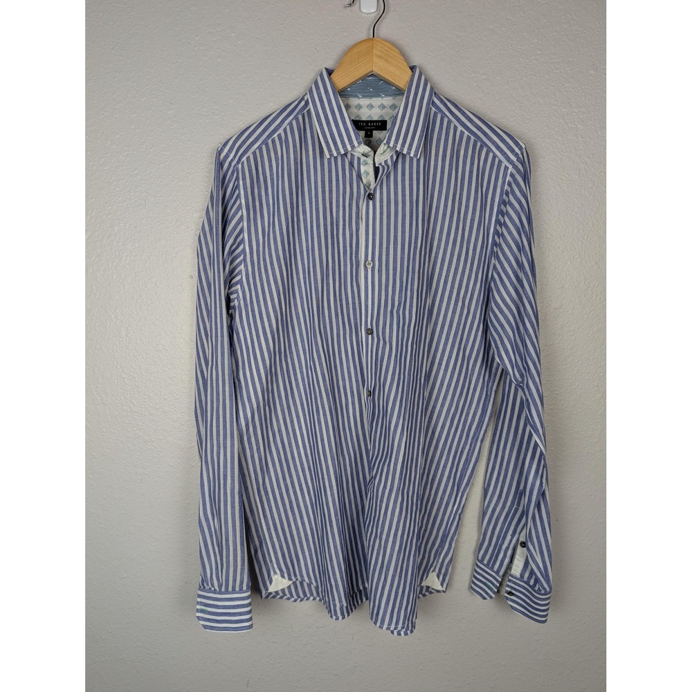 Ted Baker Shirt Mens Medium Blue White Stripe Long Sleeve Button Front Casual
